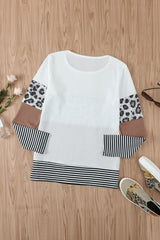 Brown Stripes Leopard Splicing Colorblock Long Sleeve Top Long Sleeve Tops JT's Designer Fashion