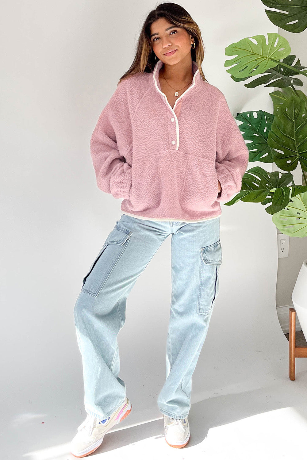 Fushia Stand Neck Half Button Zip Pocket Plush Sweatshirt Sweatshirts & Hoodies JT's Designer Fashion