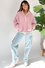 Fushia Stand Neck Half Button Zip Pocket Plush Sweatshirt Sweatshirts & Hoodies JT's Designer Fashion