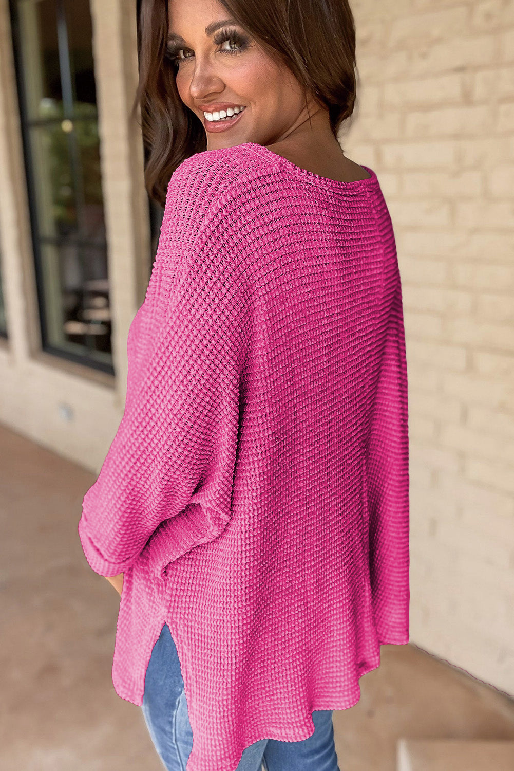 Rose Red Waffle Knit Side Slits Loose Fit V Neck Top Long Sleeve Tops JT's Designer Fashion
