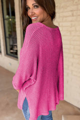 Rose Red Waffle Knit Side Slits Loose Fit V Neck Top Long Sleeve Tops JT's Designer Fashion