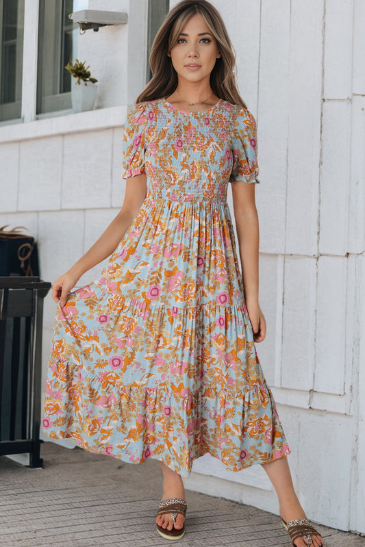 Sky Blue Floral Bubble Sleeve Smocked Flowy Ruffle Dress Floral Dresses JT's Designer Fashion