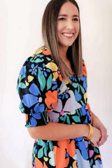 Blue Collared Split Neck Floral Flared Dress Floral Dresses JT's Designer Fashion