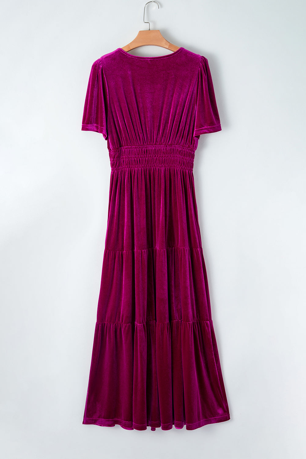 Red Dahlia Velvet Short Sleeve Shirred Waist Tiered Long Dress Maxi Dresses JT's Designer Fashion