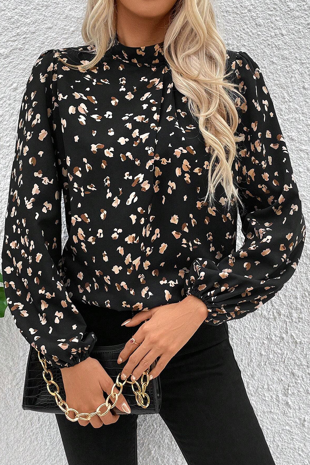 Black Leopard Print Lantern Sleeve Mock Neck Pleated Blouse Black 100%Polyester Blouses & Shirts JT's Designer Fashion