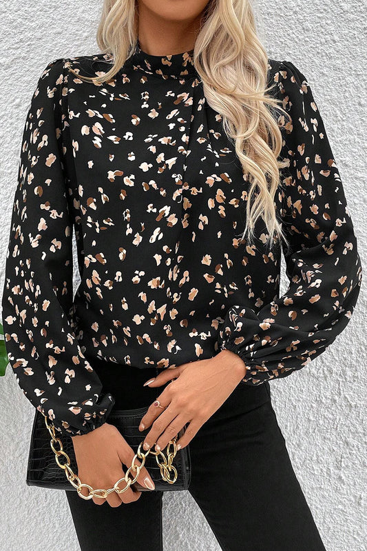 Black Leopard Print Lantern Sleeve Mock Neck Pleated Blouse Black 100%Polyester Blouses & Shirts JT's Designer Fashion