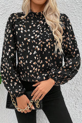 Black Leopard Print Lantern Sleeve Mock Neck Pleated Blouse Black 100%Polyester Blouses & Shirts JT's Designer Fashion