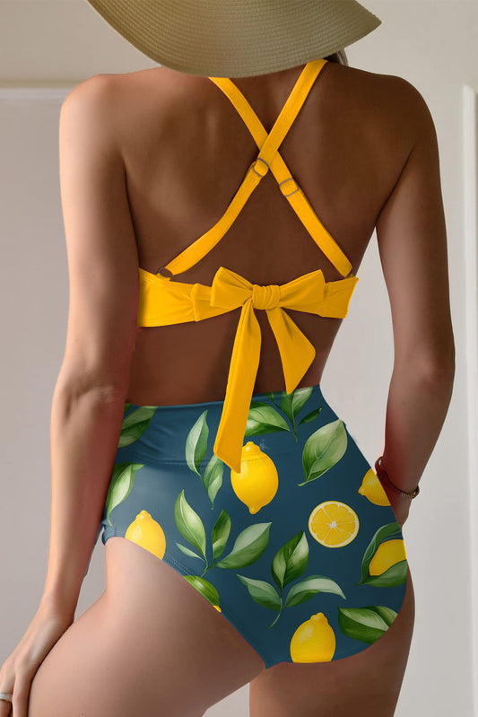 Yellow Crossed Straps Twisted Tropical Print Knot Side High Waist Bottom 2pcs Swimsuit High Waisted Swimsuit JT's Designer Fashion