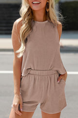 Smoke Gray Corded Sleeveless Top and Pocketed Shorts Set Smoke Gray 75%Polyester+20%Viscose+5%Elastane Short Sets JT's Designer Fashion
