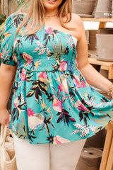 Green Plus Size Floral Smocked Bodice Single Puff Short Sleeve Babydoll Blouse Plus Size Blouses & Shirts JT's Designer Fashion