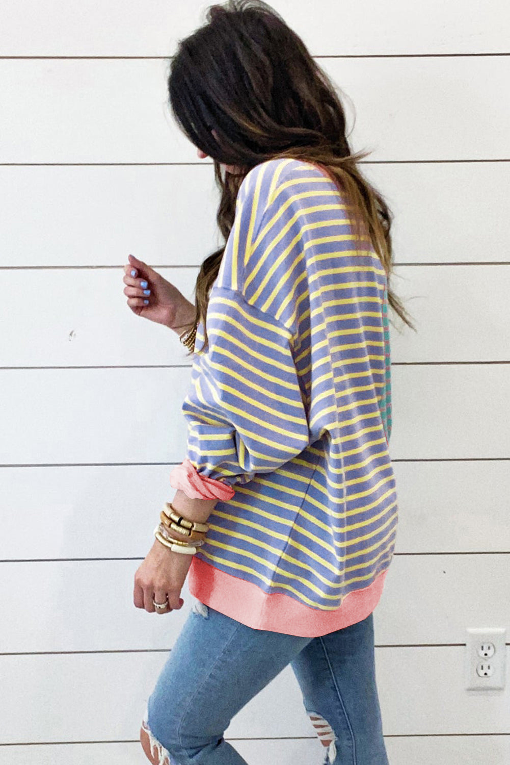 Casual Stripe Colorblock Drop Shoulder Oversize Sweatshirt Sweatshirts & Hoodies JT's Designer Fashion