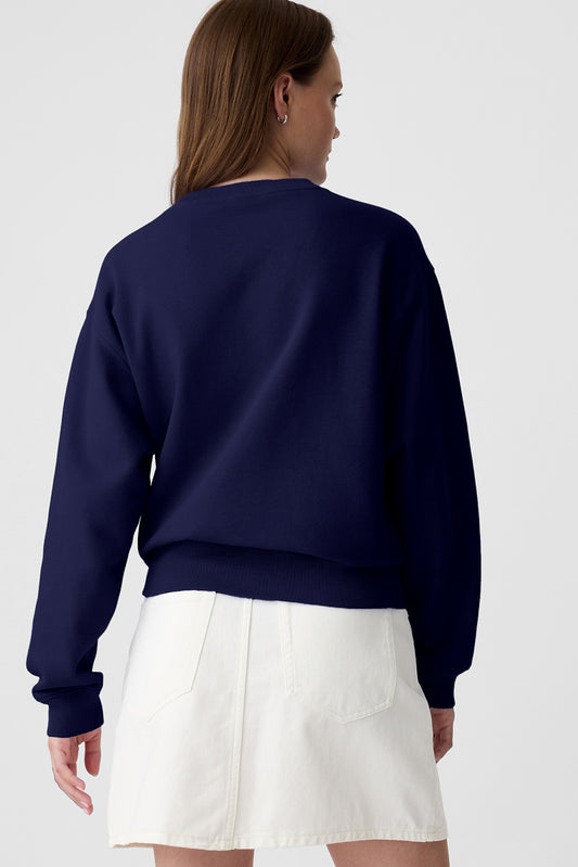Navy Blue Solid Fleece Lined Drop Shoulder Terry Sweatshirt Sweatshirts & Hoodies JT's Designer Fashion