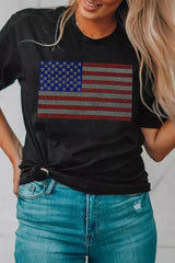 Black Rhinestone American Flag Round Neck Casual Tee Graphic Tees JT's Designer Fashion