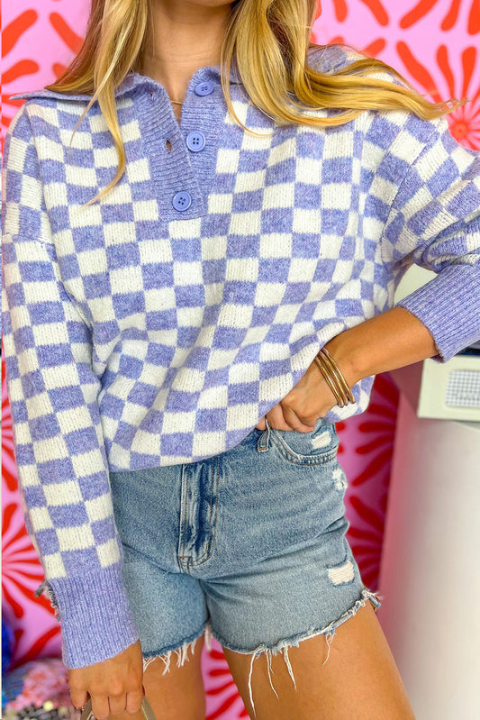 Purple Checkered Collared Buttons Plus Size Sweater Purple 50%Viscose+28%Polyester+22%Polyamide Plus Size Sweaters & Cardigans JT's Designer Fashion
