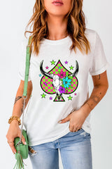 White Checkered Steer Head Spade Print Crew Neck T Shirt Graphic Tees JT's Designer Fashion