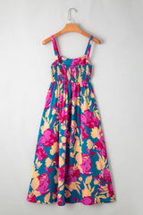 Dark Blue Floral High Waist Sleeveless Flared Long Dress Floral Dresses JT's Designer Fashion