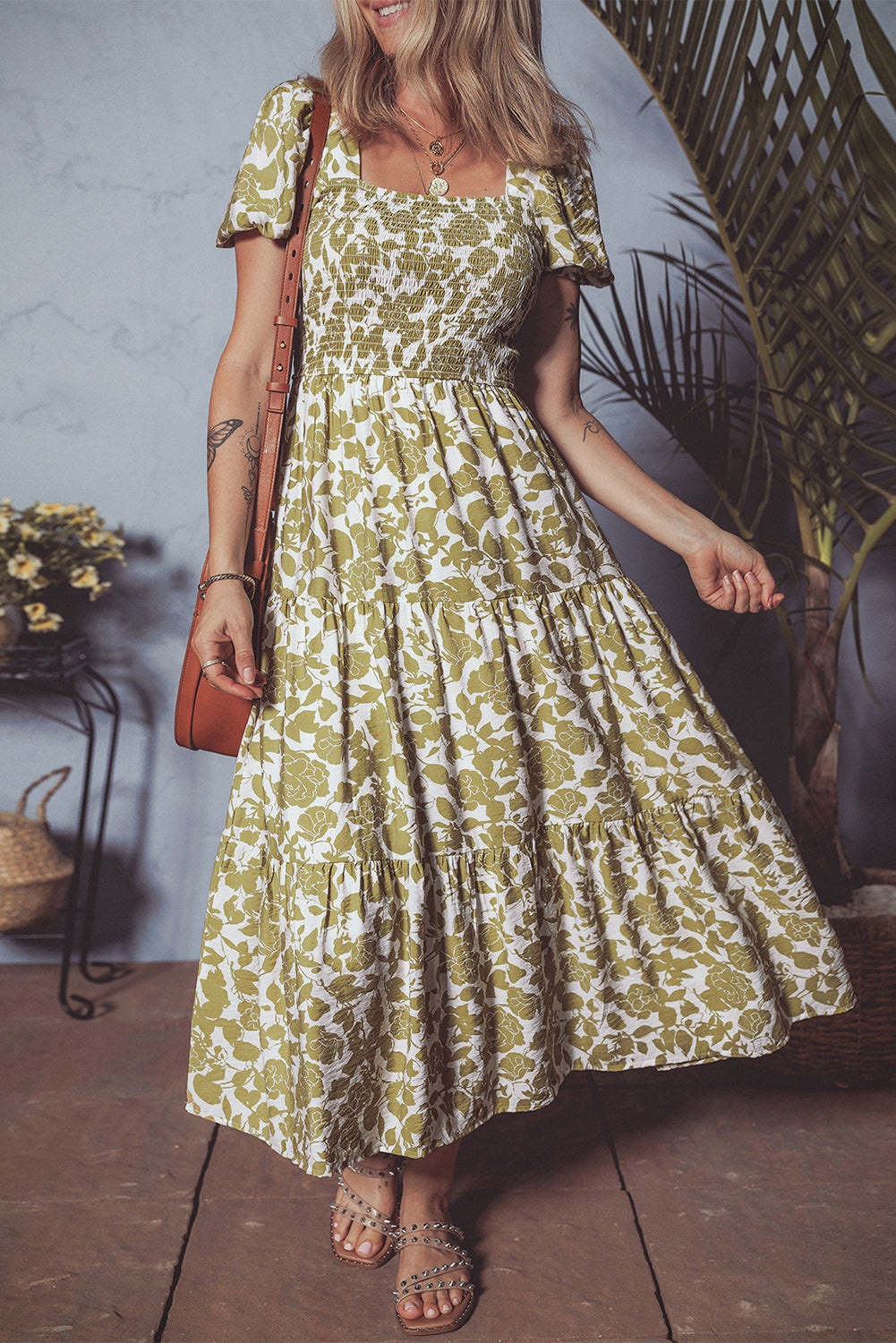 Yellow Boho Floral Square Neck Smocked Bust Puff Sleeve Tiered Long Dress Floral Dresses JT's Designer Fashion