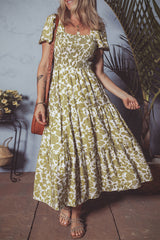 Yellow Boho Floral Square Neck Smocked Bust Puff Sleeve Tiered Long Dress Floral Dresses JT's Designer Fashion