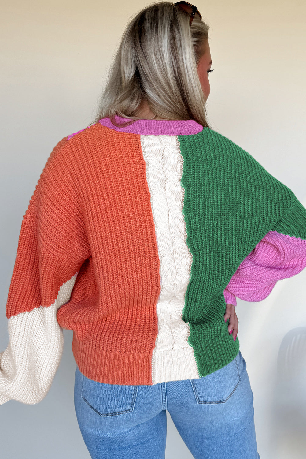 Desert Gold Color Block Textured Knit Drop Shoulder Loose Fit Sweater Sweaters JT's Designer Fashion