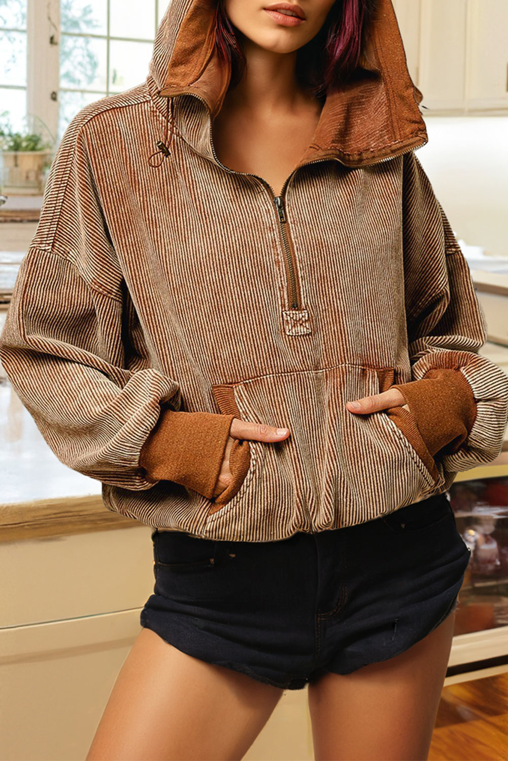 Chestnut Half Zipper Kangaroo Pocket Drawstring Corduroy Hoodie Sweatshirts & Hoodies JT's Designer Fashion