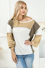 Khaki Exposed Seam Color Block Patchwork Top Long Sleeve Tops JT's Designer Fashion
