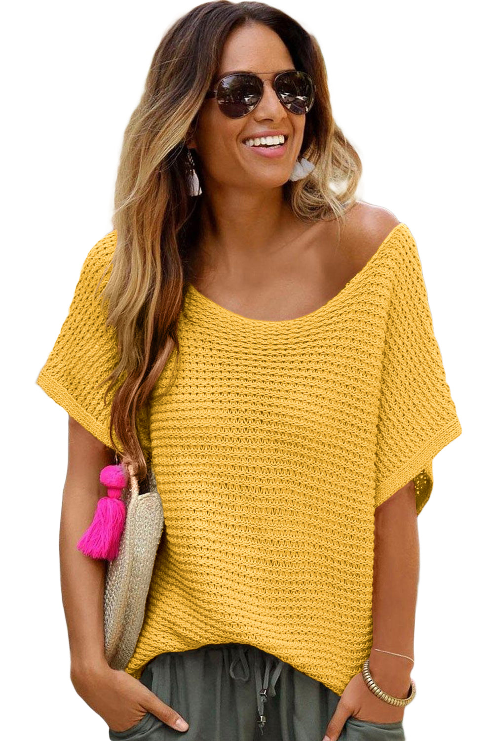 Ginger Solid Loose Knit Short Dolman Sleeve Sweater Sweaters & Cardigans JT's Designer Fashion