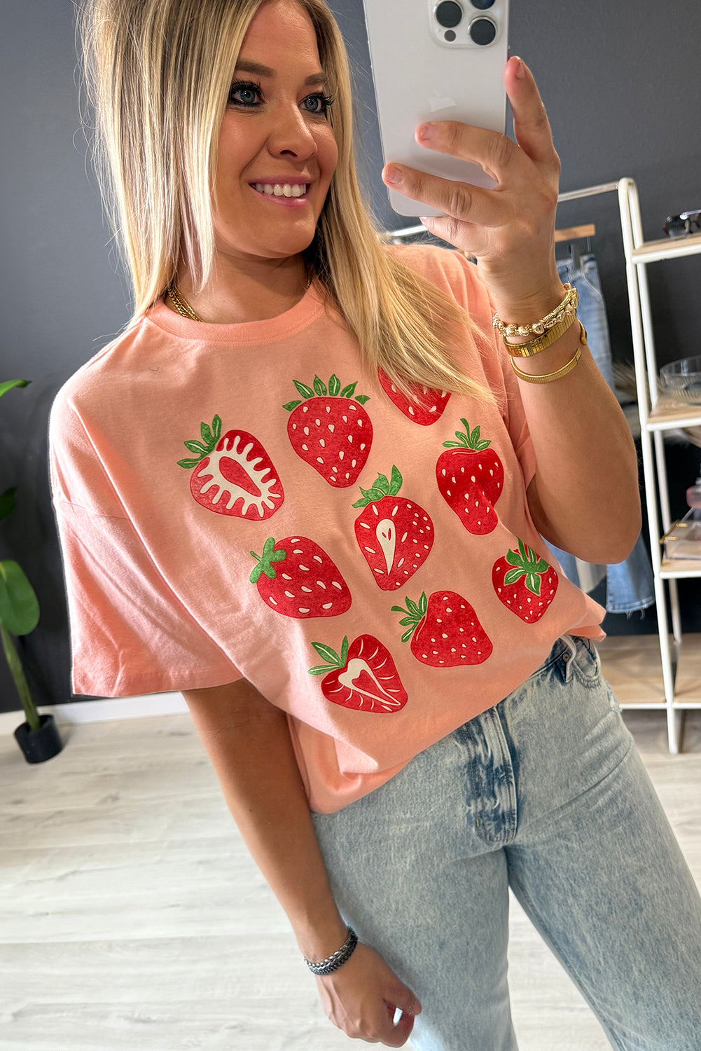 Pink Strawberry Fruit Pattern Graphic Tee Graphic Tees JT's Designer Fashion