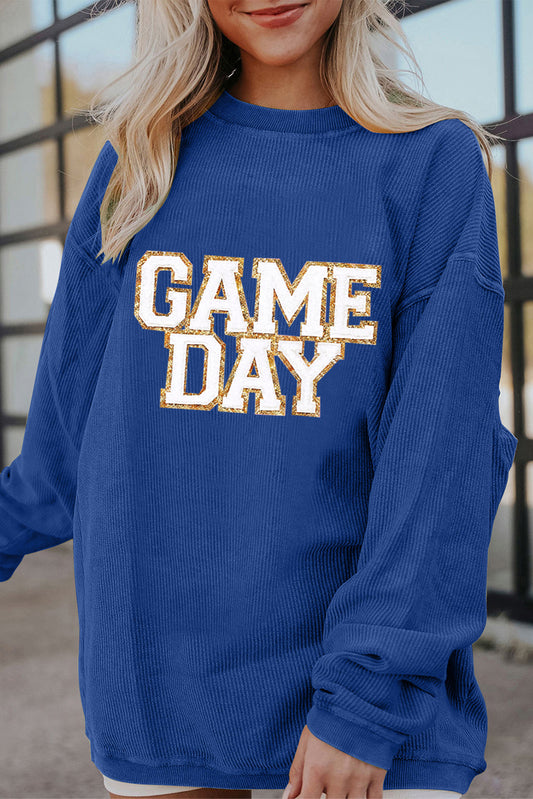 Dark Blue GAME DAY Glitter Detail Ribbed Drop Shoulder Sweatshirt Dark Blue 100%Polyester Graphic Sweatshirts JT's Designer Fashion