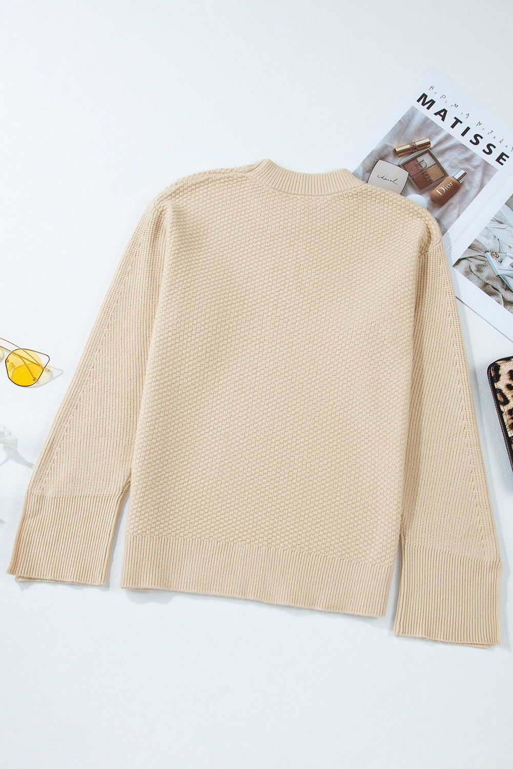 Parchment Solid Textured Knit Split Cuff Drop Shoulder Loose Sweater Sweaters JT's Designer Fashion