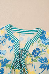 Blue Floral Striped Trim Puff Short Sleeve Dress Floral Dresses JT's Designer Fashion