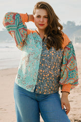 Green Floral Patchwork Lantern Sleeve Buttoned V Neck Plus Size Blouse Plus Size Blouses & Shirts JT's Designer Fashion
