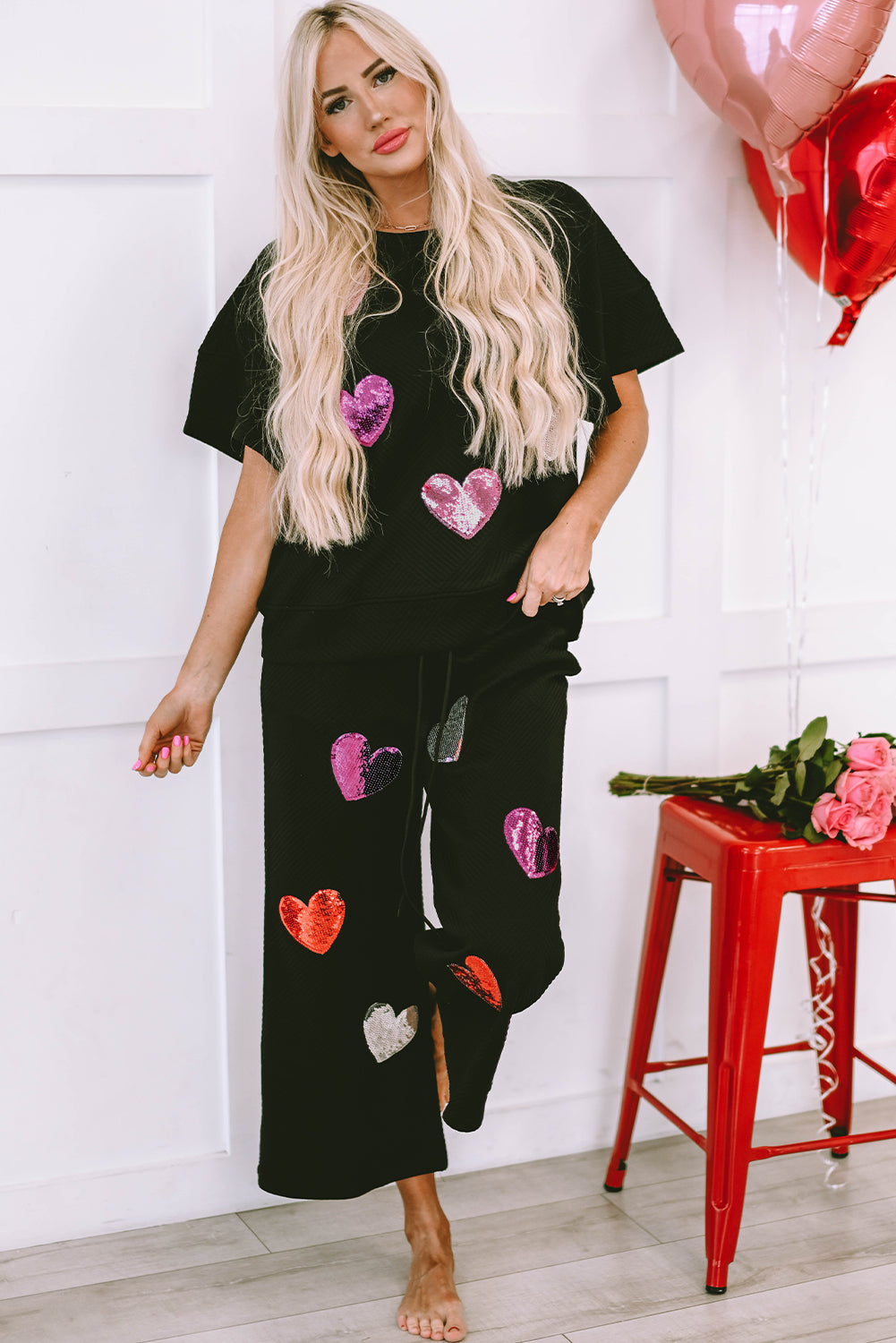 Black Sequin Heart Popping Graphic Textured 2pcs Outfit Graphic Sets JT's Designer Fashion