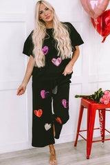 Black Sequin Heart Popping Graphic Textured 2pcs Outfit Graphic Sets JT's Designer Fashion