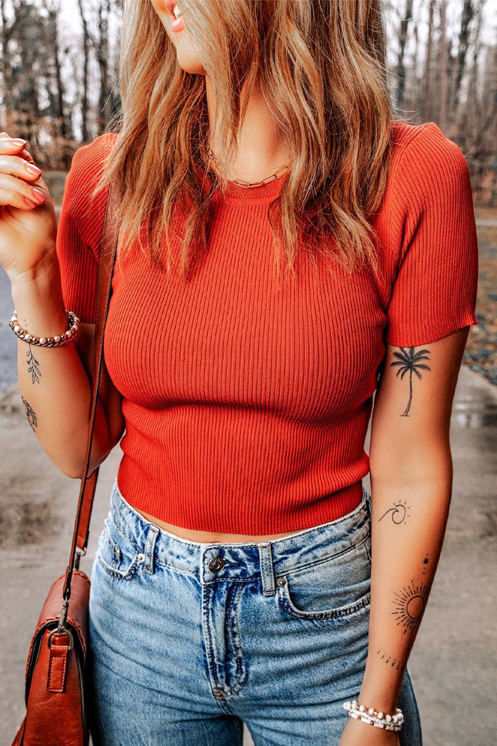 Tomato Red Ribbed Knit Crewneck Crop Sheath T Shirt Sweaters & Cardigans JT's Designer Fashion