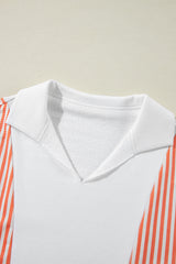 White Striped Color Block Collared V Neck Oversized Sweatshirt Sweatshirts & Hoodies JT's Designer Fashion