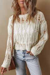 White Cut Out Crochet Crew Neck Loose Fit Sweater Sweaters JT's Designer Fashion