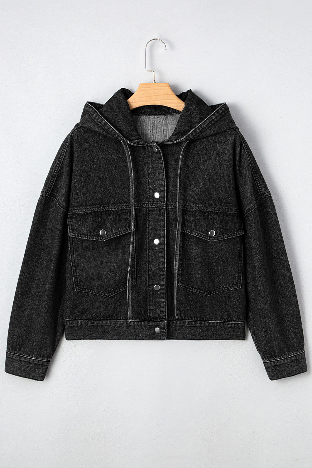 Black Big Chest Pocket Drop Shoulder Hooded Denim Jacket Denim Jackets JT's Designer Fashion