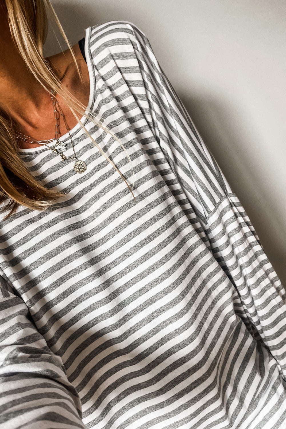 Gray Stripe Drop Sleeve Round Neck Oversized Long Sleeve Top Long Sleeve Tops JT's Designer Fashion