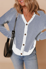 Blue Stripe Buttoned Front V Neck Herringbone Cardigan Cardigans JT's Designer Fashion