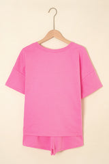 Bonbon V Neck Drop Shoulder Tee and Patchwork Drawstring Elastic Waistband Shorts Set Short Sets JT's Designer Fashion