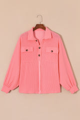 Pink Corded Flap Pocket Henley Top Long Sleeve Tops JT's Designer Fashion