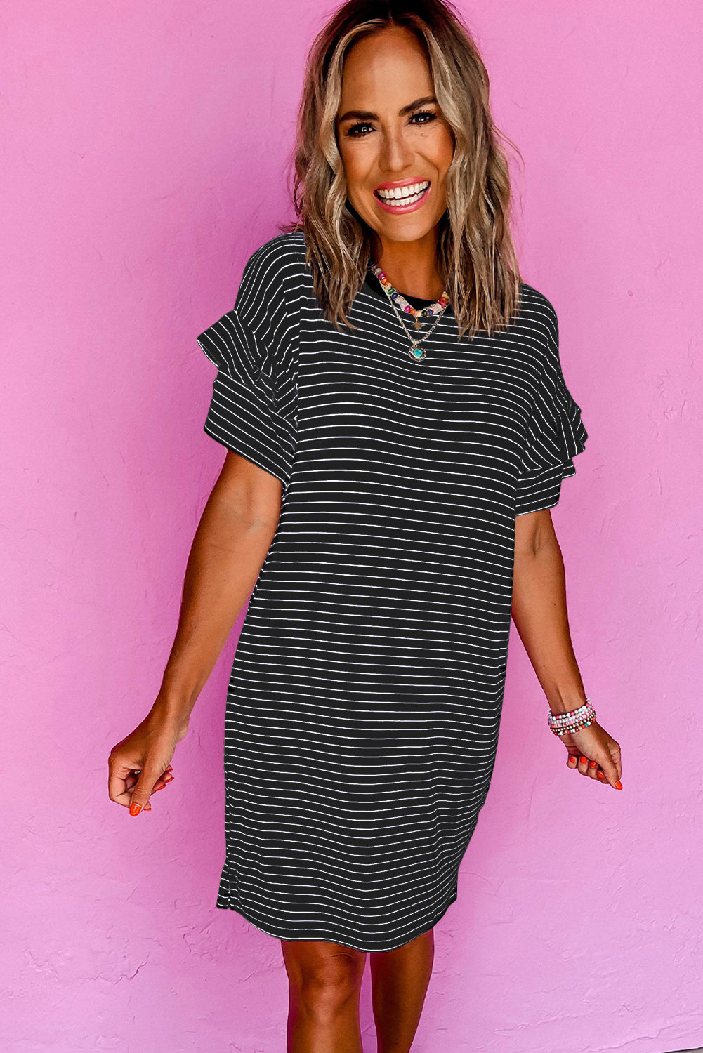 Black Stripe Ruffled Short Sleeve Crew Neck T Shirt Shift Mini Dress T Shirt Dresses JT's Designer Fashion