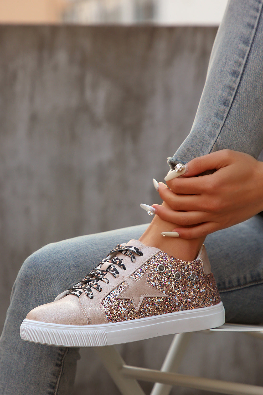 Gold Star Sequin Patchwork Leopard Lace-up Shoes Women's Shoes JT's Designer Fashion