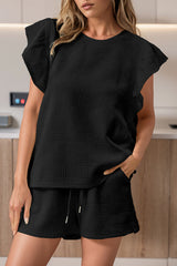 Black Textured Ruffled Sleeve Tee and Drawstring Elastic Waistband Shorts Set Short Sets JT's Designer Fashion