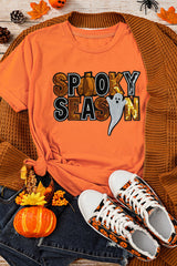 Orange Sequin SPOOKY SEASON Ghost Pattern Halloween T Shirt Graphic Tees JT's Designer Fashion