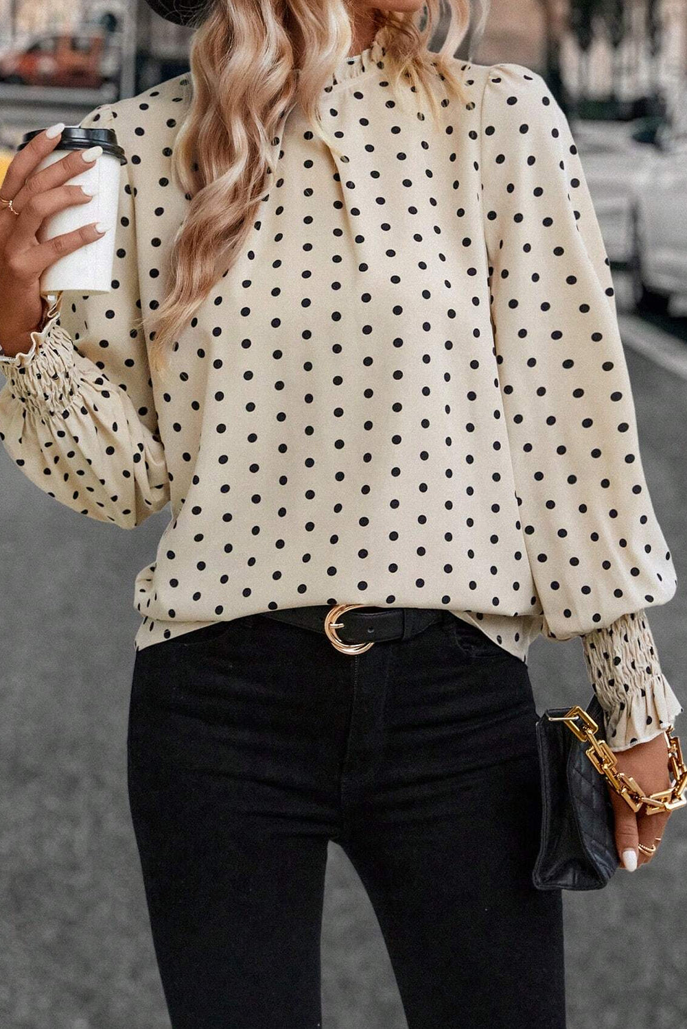 Apricot Polka Dot Print Frilled Collar Lantern Sleeve Blouse Blouses & Shirts JT's Designer Fashion