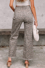 Brown Leopard Frayed Edge Wide Leg High Waist Jeans Jeans JT's Designer Fashion