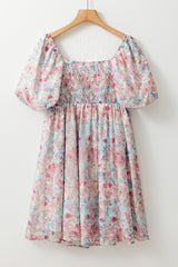 Pink Floral Puff Sleeve Square Neck Smock Ruffled Dress Floral Dresses JT's Designer Fashion