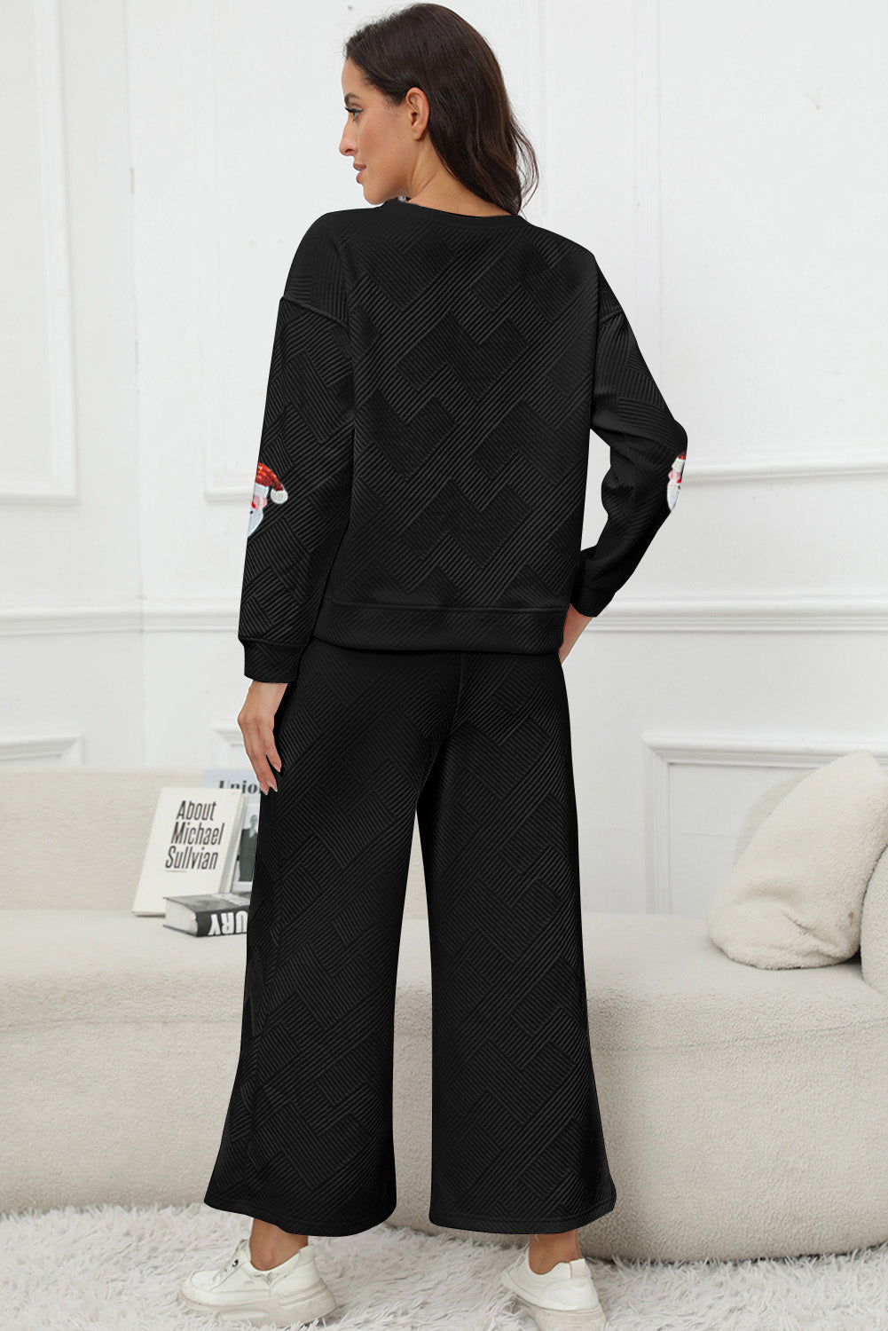 Black Christmas Sequined Santa Clause Print Textured Pants Set Graphic Sets JT's Designer Fashion
