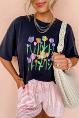 Black Floral Print Crewneck T Shirt Graphic Tees JT's Designer Fashion